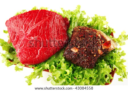 roast and raw beef on gold ceramic bowl