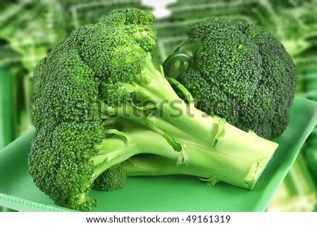 green fresh raw broccoli on plastic plate