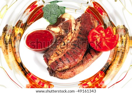 served roast steak top view over white