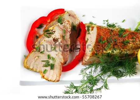 tuna chunk on white porcelain plate with vegetables