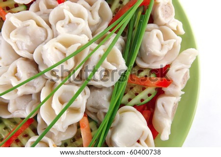 meat dumplings served on green plate with vegetables