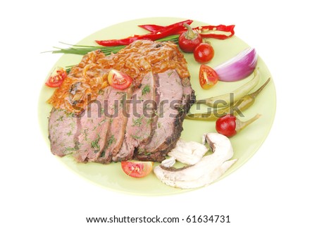 corned beef on plate isolated over white