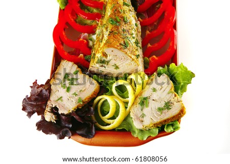light roast tuna served on plate with vegetables