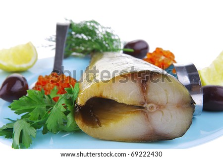sea fish food :salmon caviar and smoked seafish on blue plate isolated over white backgrounds