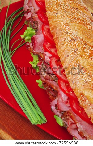 french sandwich on red plate : long baguette with smoked chicken sausage with sauces over wood