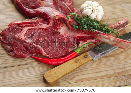 fresh meat : raw beef spare ribs with thyme , garlic and red chili pepper over wooden table