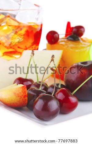 fruit ice cream with raw fruits and drink