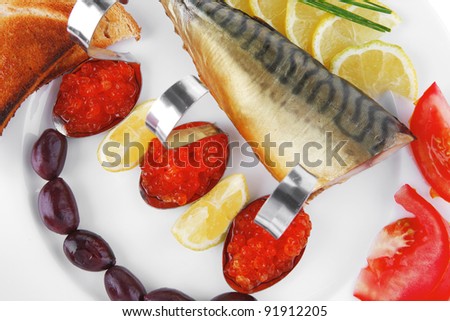 smoked mackerel and toast with red caviar