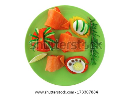 salmon slice and cooked egg and vegetables