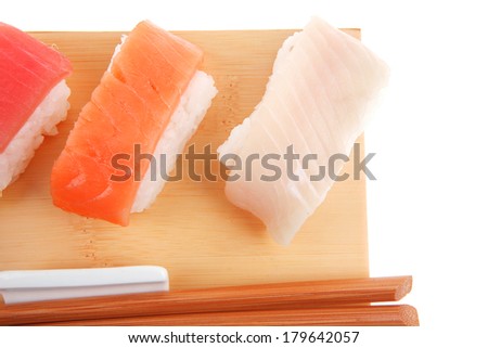 Set of 4 sushi isolated on white. Salmon - Sake, Eel - Unagi