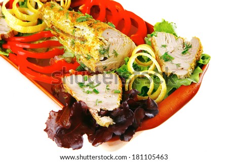 health dinner - atlantic light roast fish sea tuna served on plate with vegetables and lemon isolated on white background