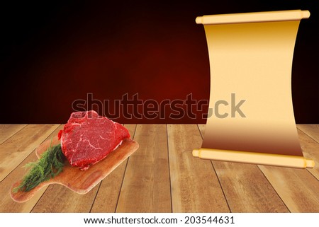 fresh raw red beef meat big steak chunk on wooden cut board isolated over white background