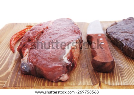 grilled and raw beef steak fillet meat with knife on wooden board isolated over white background