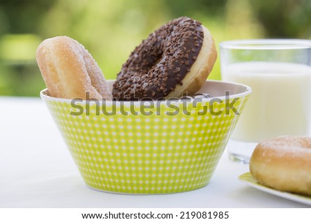 Donuts and Glass of milk in garden