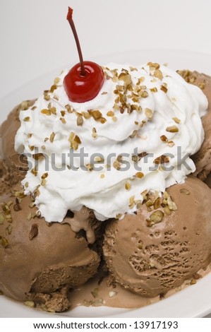Dish of chocolate ice cream with whipped cream, cherry and nuts
