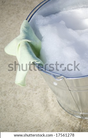 Cleaning cloth and brush in bucket of soapy water