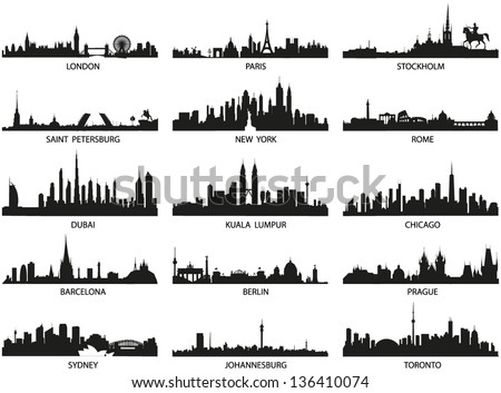 Vector silhouettes of the worlds city skylines Vector silhouettes of the worlds city skylines