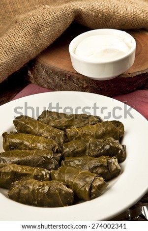 dolma, stuffed grape leaves in a bowl, turkish and greek cuisine with yoghurt