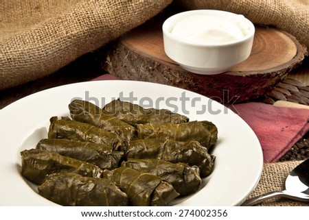 dolma, stuffed grape leaves in a bowl, turkish and greek cuisine with yoghurt