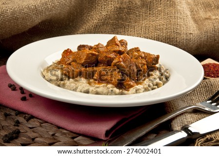 Turkish Food Eggplant and Meat: Hunkar Begendi. Lamb Stew Served on a Bed of Aubergine Puree