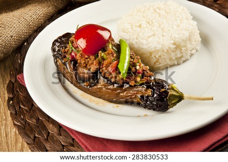 Turkish traditional eggplant rice and meat, karniyarik pilav