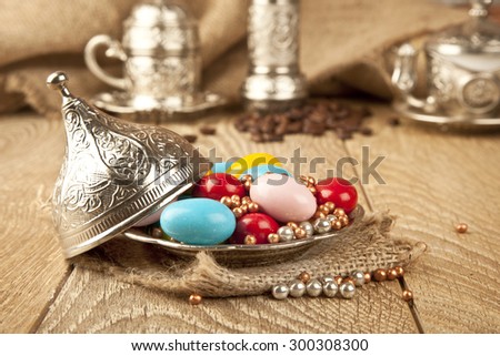 Still life, food and drink, holidays concept. Colorful sweet candies. Copy space background, selective focus. Traditional candies for Seker Ramadan Bayram holiday