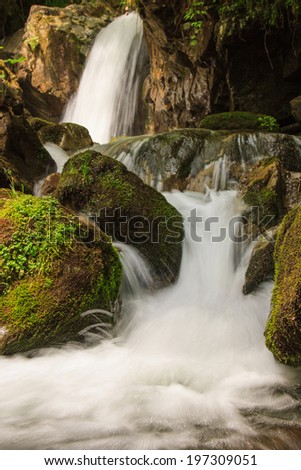 Beautiful small waterfall landscape in the mountains with lush green bush, rocks and flowing water