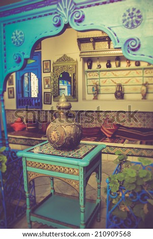 The courtyard of a typical house in Sidi Bou Said,Tunisia. Filtered image:cross processed vintage effect.
