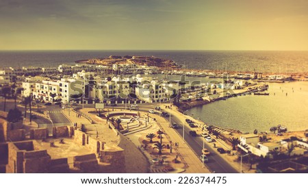 Panoramic view of Mediterranean coast in Monastir.Tunisia. Filtered image:cross processed vintage effect.