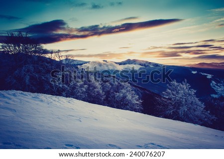 Mountain winter landscape. Retro filter. Filtered image: instagram toning effect.