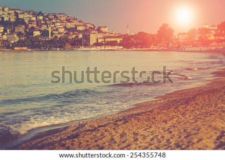 Sea beach in Alania the morning at sunrise. Turkey, Mediterranean sea. Vintage style filter.Instagram toning effect.