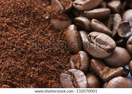 Whole and ground coffee beans scattered on white background
