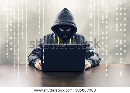 Masked computer hacker attacking internet services with binary code illustration