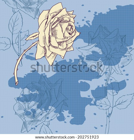 Linear drawing rose on blue background, vintage illustration