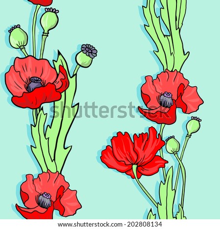 seamless  pattern with linear drawing poppy flowers, hand drawn  illustration
