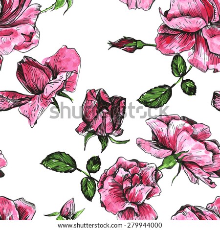 vector seamless floral pattern with flowers of pink roses, drawn by watercolor, pink roses flowers, buds and leaves, hand drawn vector background