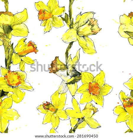 vector seamless pattern with yellow flowers of narcissus, drawn by watercolor, yellow flowers of daffodils, hand drawn vector aquarelle background