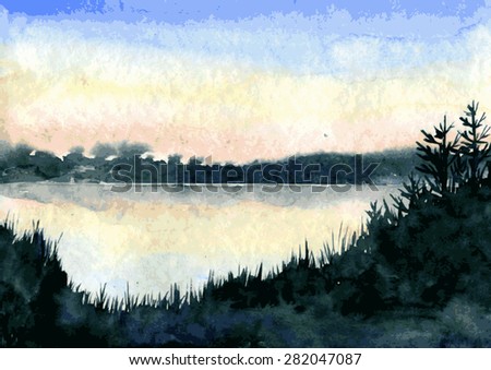 abstract vector watercolor landscape,lake in calm weather at sunset with silhouettes of grass and trees,  hand drawn vector illustration, watercolor background