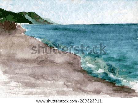 watercolor drawing landscape with sea waves, the beach and the green hills, hand drawn vector illustration