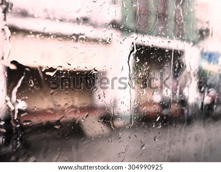 raindrops on glass. Outside the window the evening street