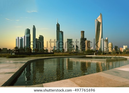 kuwait cityscape view from shaheed park during beautiful sunset
