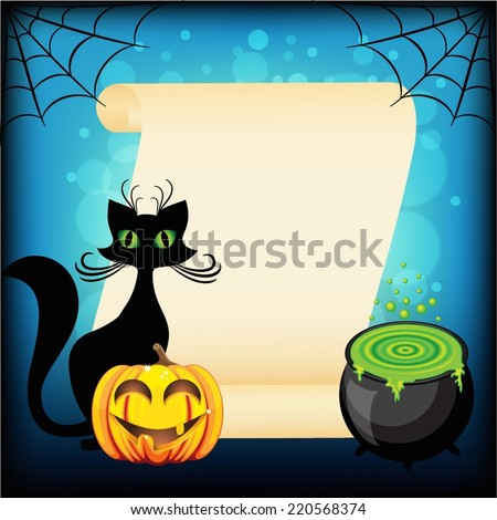 Black cat and Halloween pumpkin against empty wish scroll
