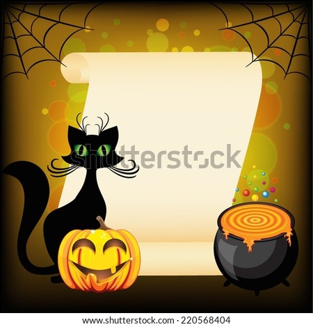 Black cat and Halloween pumpkin against empty wish scroll