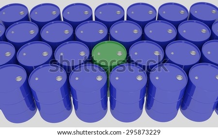 blue barrels with one green - top view