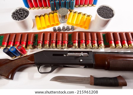Gun and hunting cartridges on a white background