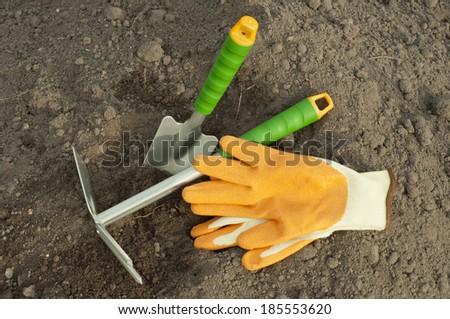 green shovel and rake, garden gloves for seedlings in the ground