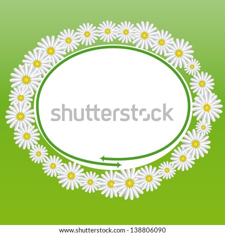 Daisy flowers in a circle on a green background with white space for text, framed by a green arrow