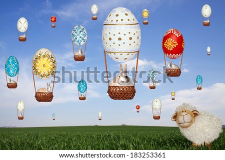 Sheep standing on green grass and monitors balloons from Easter eggs, bunnies flying in balloons on blue sky