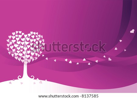 purple love heart background. A tree with heart shape leaf