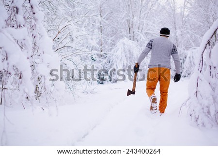 A man with an ax walks in the winter snowy forest